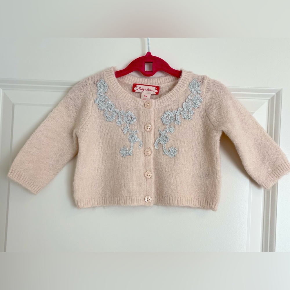 Ruby & Bloom Soft Peach Cardigan with Silver Floral Lace detail NWOT